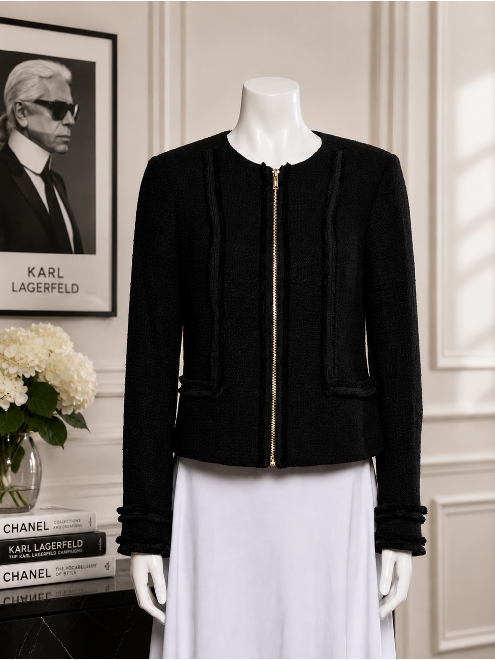 Karl Lagerfeld Black Fringe-Trim Jacket – Size Small